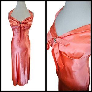 Y2K Pink Coral Babydoll‎ Formal Slip Dress Halter Satin Sz 8 Tall Hollywood Glam